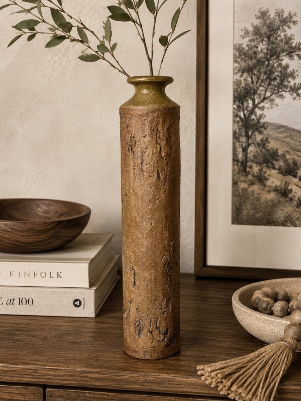 Mid-Century Studio Pottery Bark-Textured Cylindrical Vase